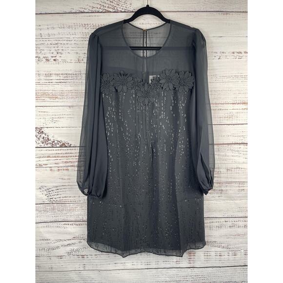 Lilly Pulitzer Dress Women's 12 Black Silk Sheer Sleeve Metallic Beaded Shift - Picture 2 of 8